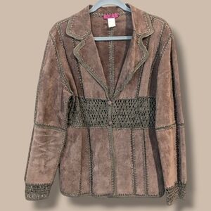IDI By Matthew Vintage Brown Genuine Suede Leather Crochet V-Neck Jacket Western